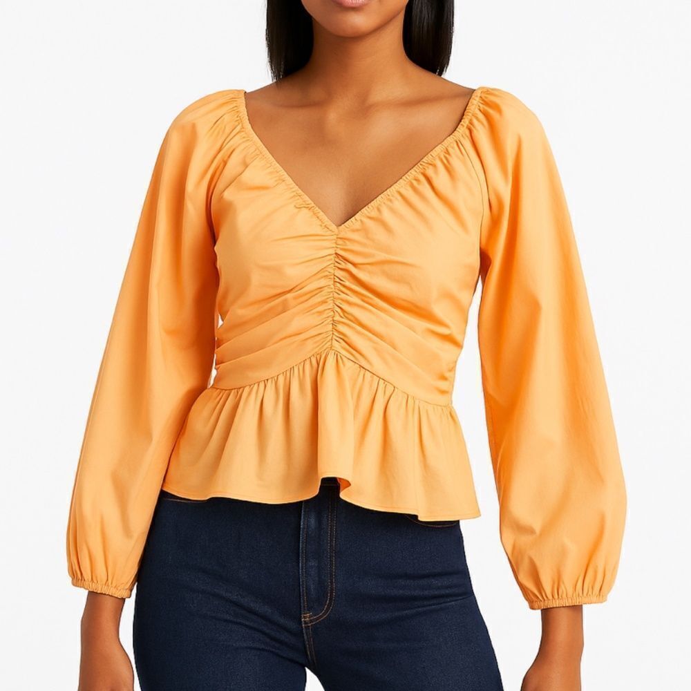 Express Ruched Puff Sleeve Peplum Blouse in Apricot Orange XS